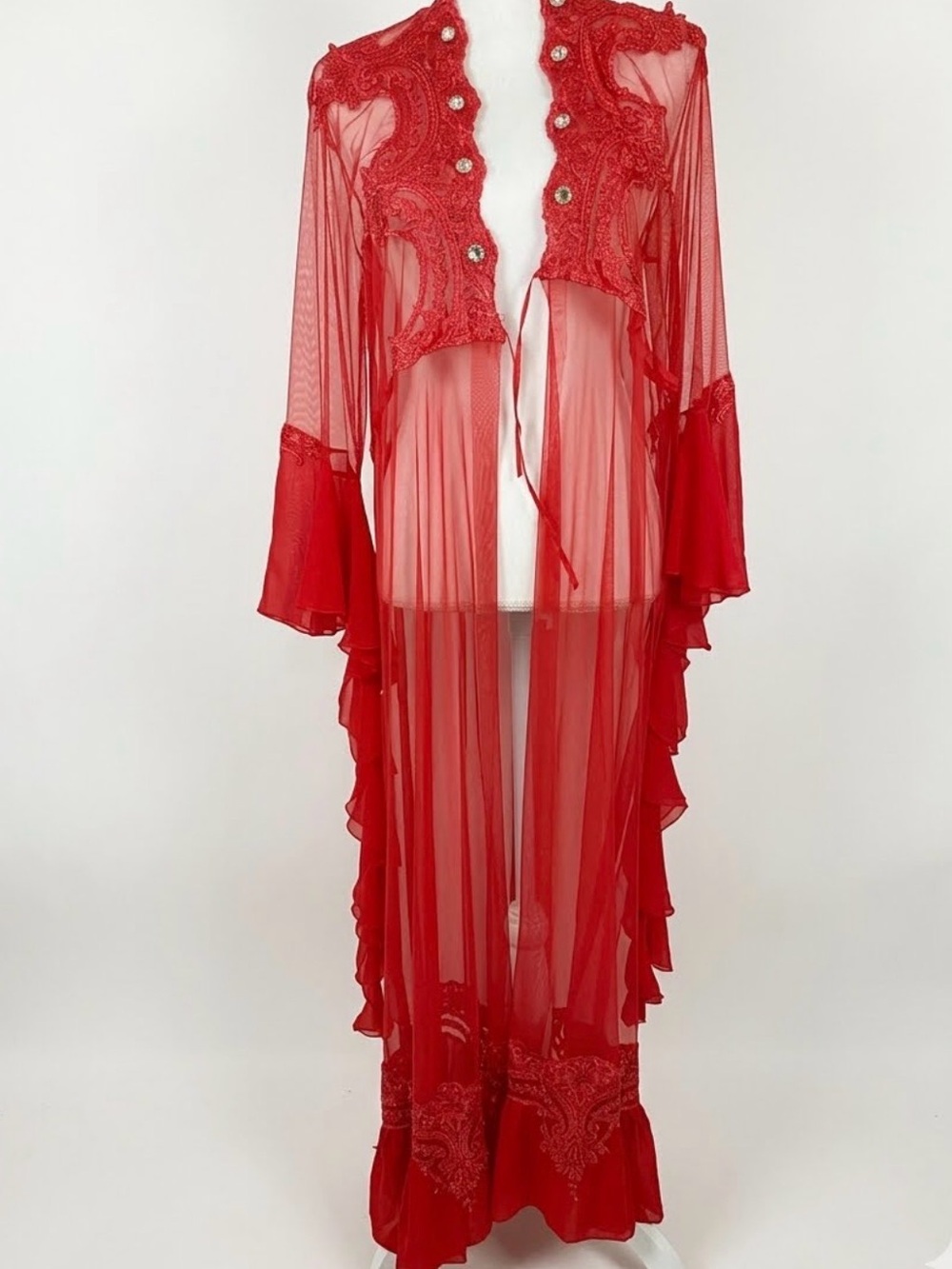 Vintage Hollywood Glam Red Sheer Peignoir Robe Rhinestone Lace